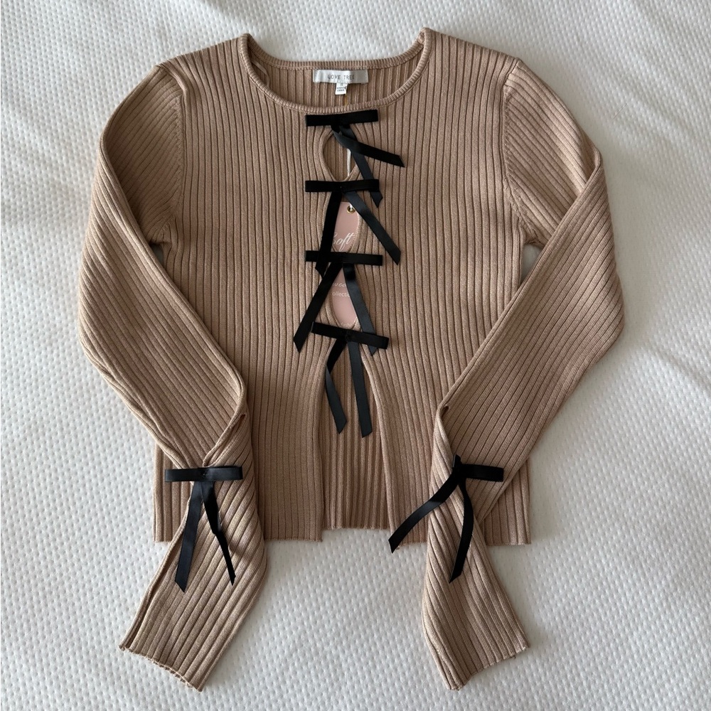 Tan Lace Up Bow Detail Slit Sleeve Top